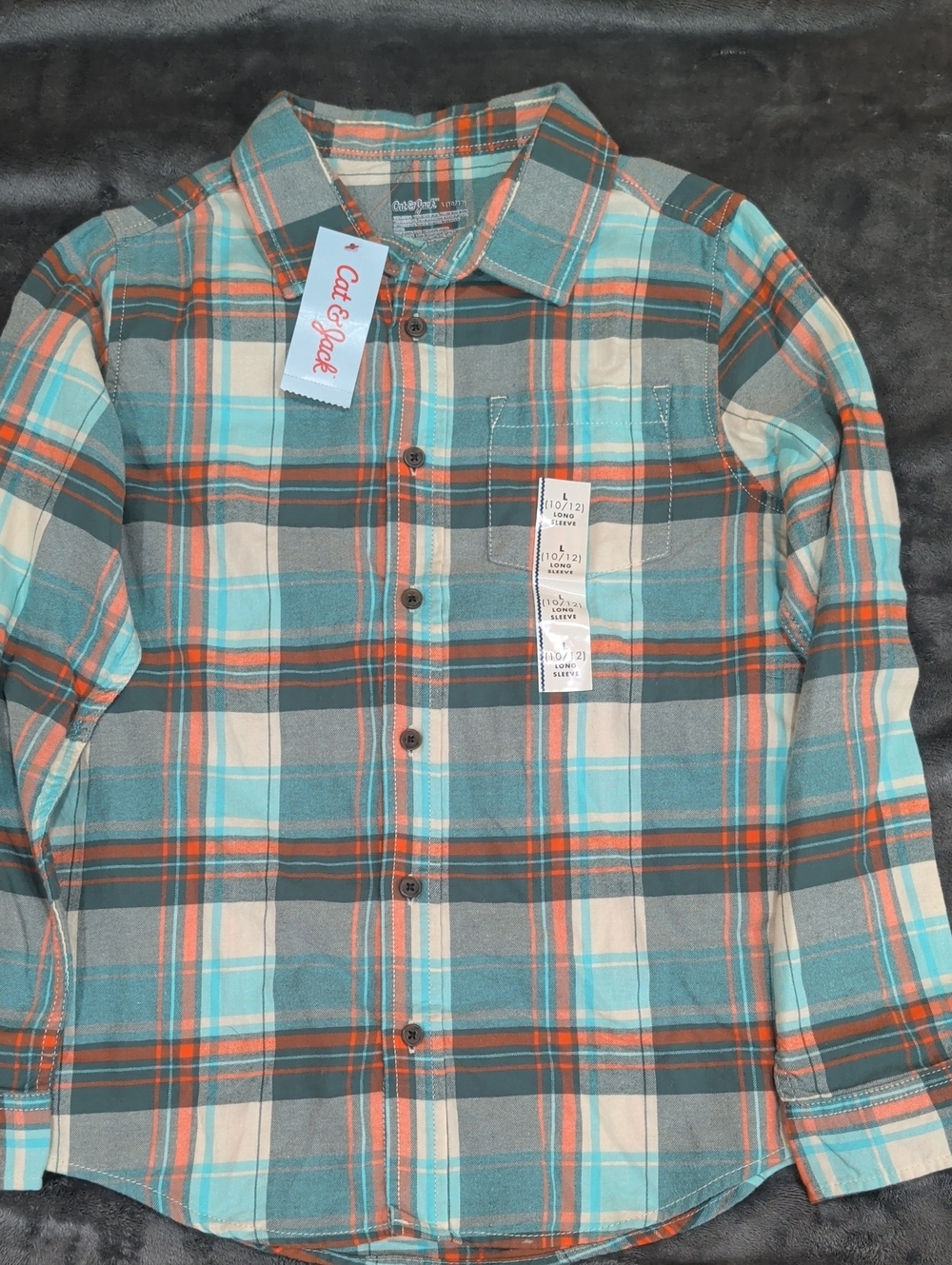 Cat & Jack Teal and Orange Plaid Button-Down Shirt Kids Size L 10/12